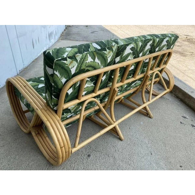 1940s Restored Mid-Century 4-Strand Rattan 3/4 Reverse Pretzel Sofa W/ Arched Base For Sale - Image 5 of 7