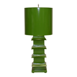 Matthew Izzo Home - Green Pagoda Handpainted Tole Table Lamp With Tole Metal Shade For Sale