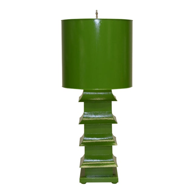 Matthew Izzo Home Handpainted Green Pagoda Tole Table Lamp With Handpainted Green Metal Shade - LMPHL-G For Sale