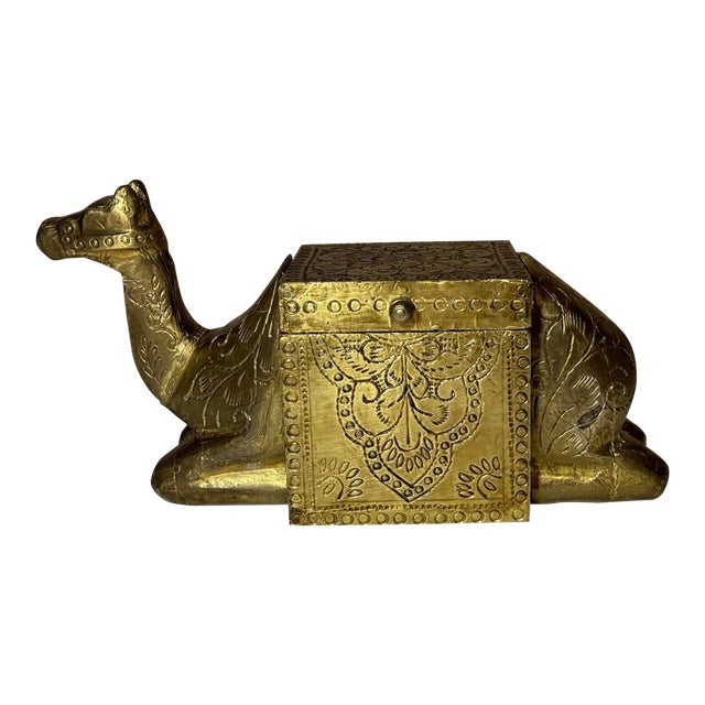 Handmade Brass Clad Wood Camel Figurine Trinket Box For Sale