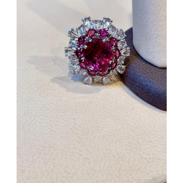 5 Carat Rubelite and 4.5 Carat Diamond 18 Karat White Gold Cocktail Ring Estate For Sale - Image 9 of 18