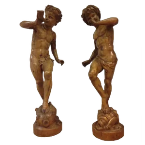 Large 19th Century Fruit Wooden Statues of Young Bacchus, Set of 2