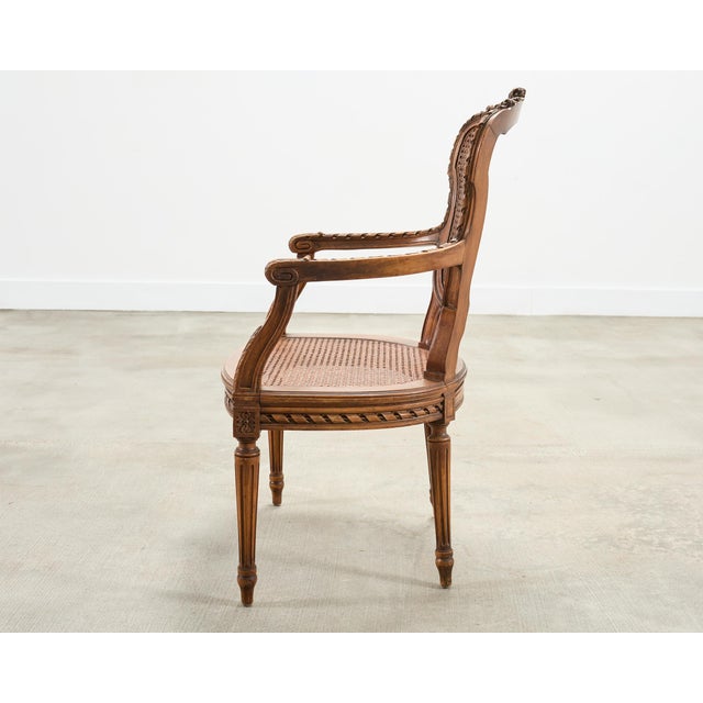 Coffee French Louis XVI Style Carved Walnut Cane Fauteuil Armchair For Sale - Image 8 of 18