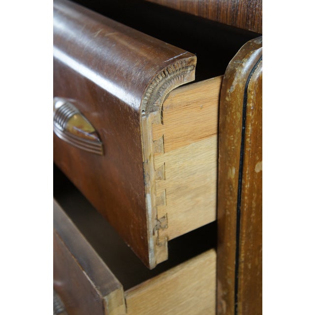Antique Art Deco Walnut Bakelite Waterfall Dresser Chest of Drawers 53" For Sale - Image 4 of 12