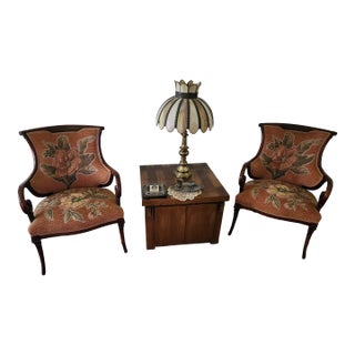 Vintage Queen Anne Chairs Velour Embroidered Seat For Sale