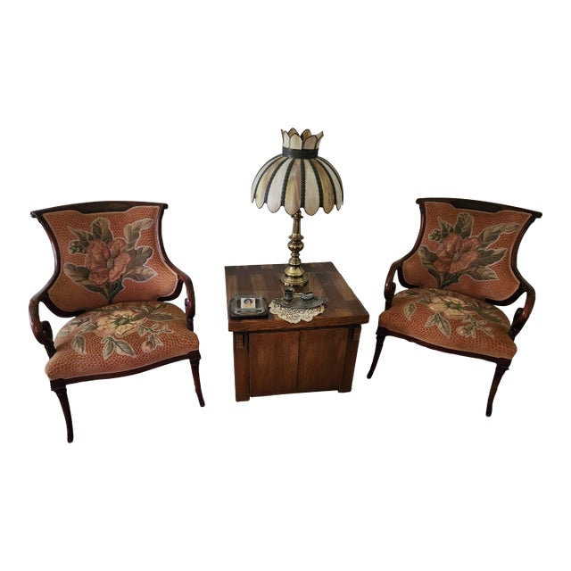 Vintage Queen Anne Chairs Velour Embroidered Seat For Sale