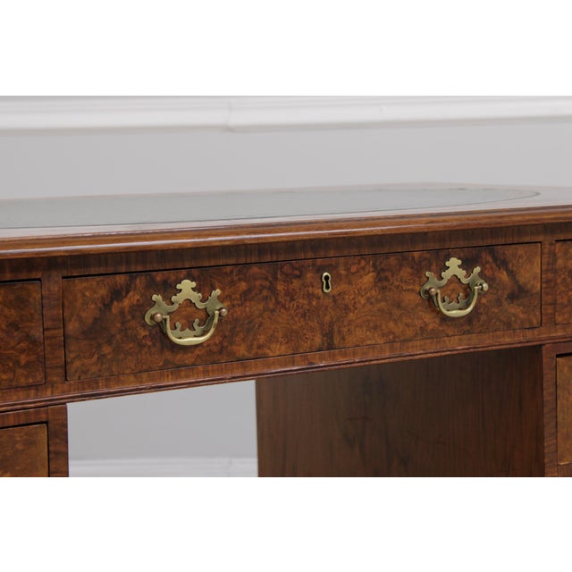 English 3 Part Leather Top Burl Walnut Desk For Sale - Image 11 of 15