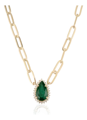 2.25ct Emerald Diamond Halo Teardrop Paperclip Chain Necklace in 14k Solid Gold