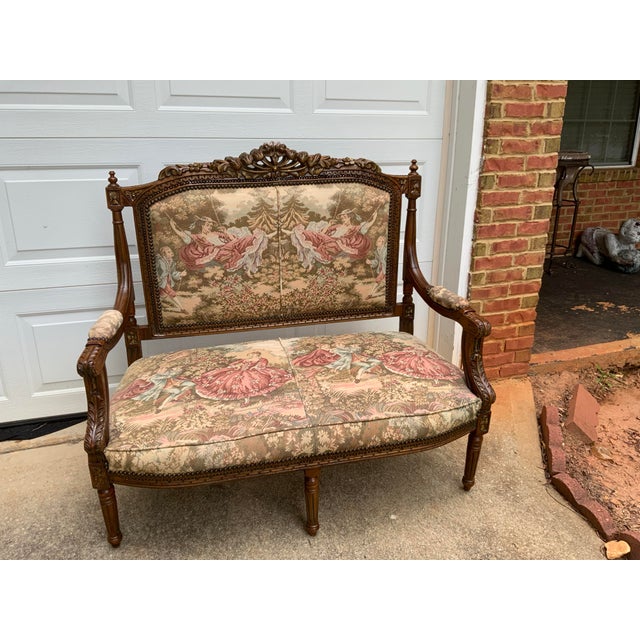 1940s Vintage Bench With Tapestry For Sale - Image 5 of 7