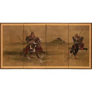 C. 1950-1960s Shōwa Era Japanese Byobu Screen "Samurai"