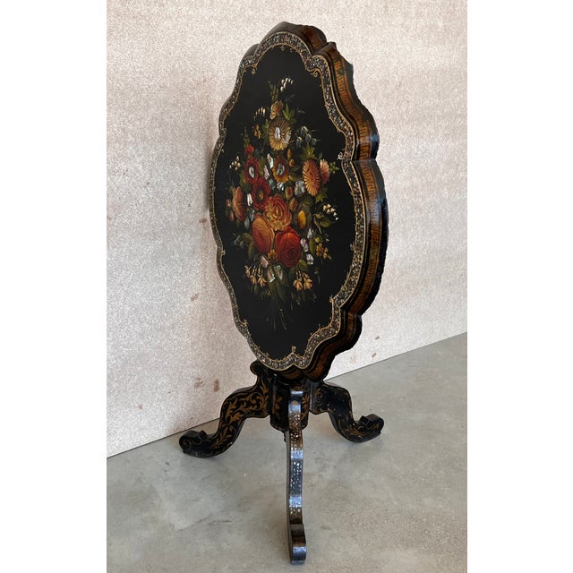Late 19th Century 19th Century Victorian Hand Painted & Ebonized Tilt-Top Side Table With Inlays For Sale - Image 5 of 13