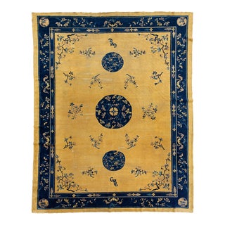 1920s Antique Peking Designed Chinese Wool Rug Handmade in Golderod Color For Sale