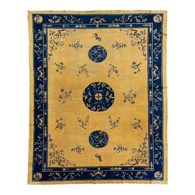 1920s Antique Peking Designed Chinese Wool Rug Handmade in Golderod Color For Sale