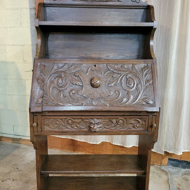 Gothic English Antique Oak Carved Bureau Secretaire Bookcase For Sale - Image 3 of 12