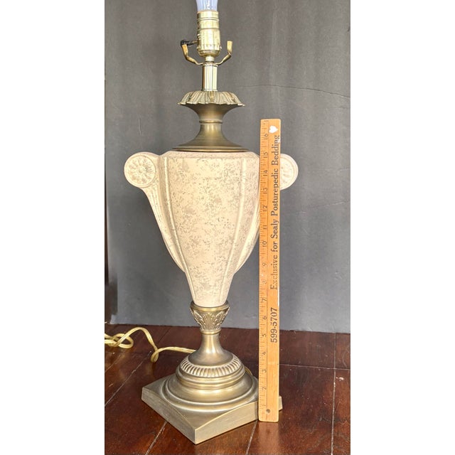 Metal Vintage Neoclassical Faux Marble Ceramic & Brass Urn Table Lamp For Sale - Image 7 of 12