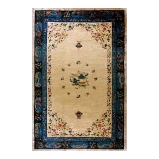 1920s Beige Floral Modern Antique Chinese Peking Rug 10' X 15' 6'' Handknotted Wool Carpet For Sale