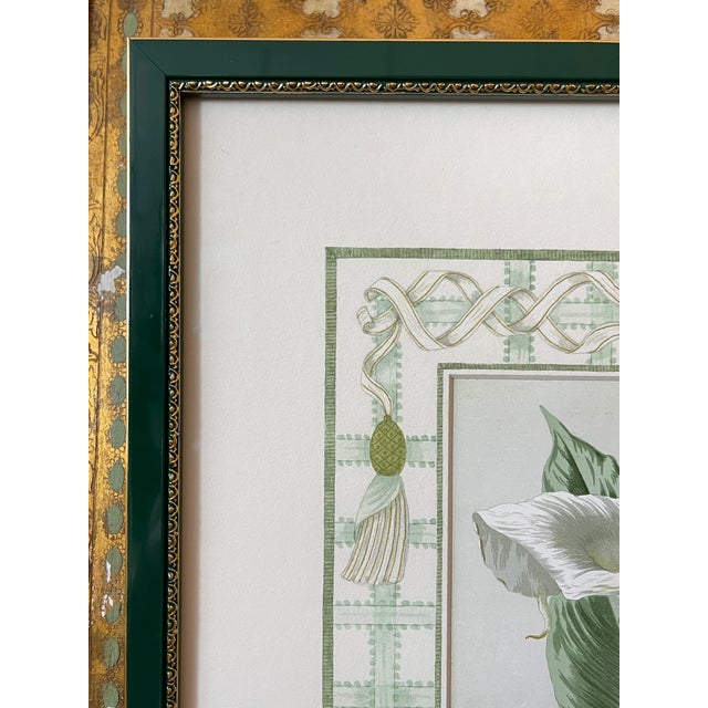Original antique botanical with hand-painted watercolor matte and custom green lacquer frame