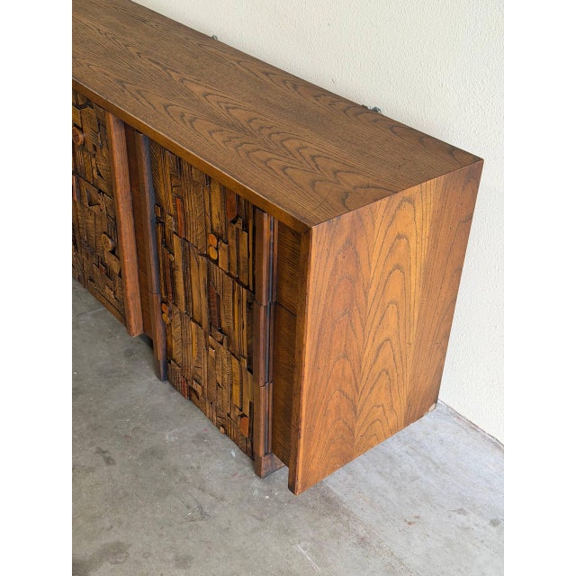 Lane Furniture Lane Pueblo Brutalist Oak Lowboy Dresser – Paul Evans Style Credenza Mosaic Front 1970s For Sale - Image 4 of 9
