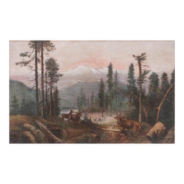Circa 1900 Mt. Shasta Landscape With Deer by Anna Carver Bingham For Sale