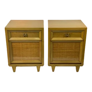 Mid Century Woven Cane Accent Side Tables/Nightstands - A Pair
