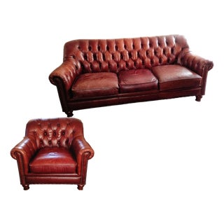 Elevate Your Living Space With This Timeless Chesterfield Sofa and Matching Club Chair Set. For Sale