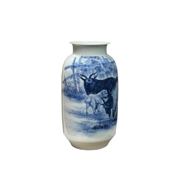 1970s Chinese Blue White Handpaint San Yang Kai Tai Scenery Porcelain Vase For Sale - Image 5 of 14