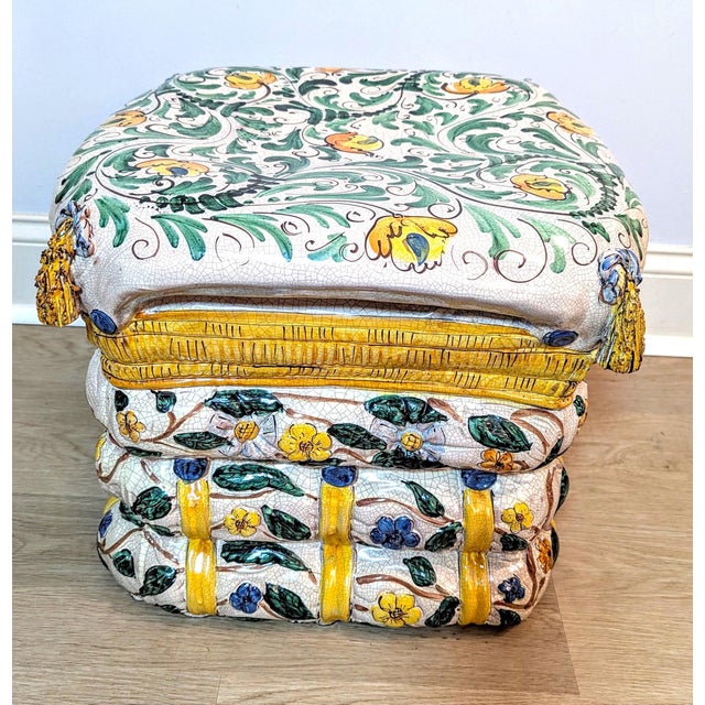 An exceptional mid-century Italian majolica ceramic garden stool, dating to the circa 1960s–1980s, masterfully sculpted in...