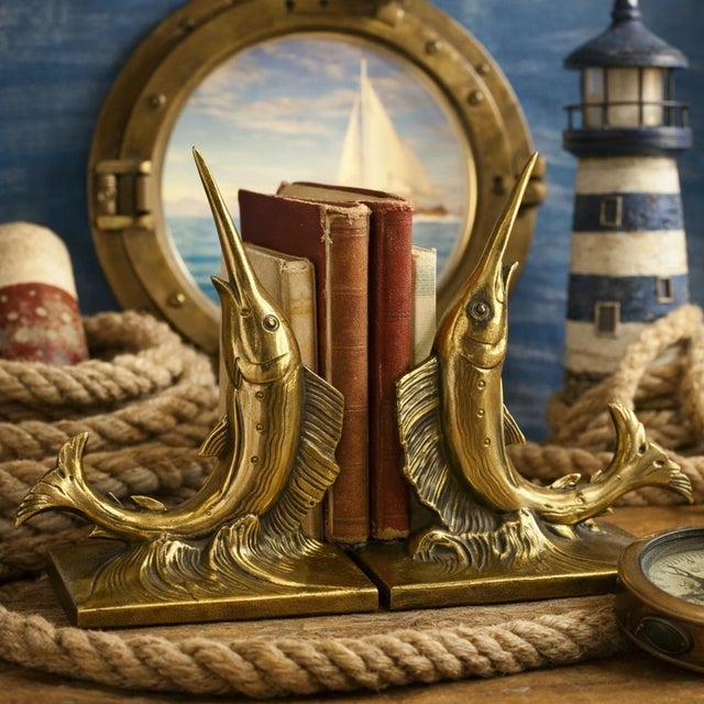 Ralph Lauren Pair of Vintage Swordfish / Marlin / Sailfish Bookends – Brass Finish - Heavy - Palm Beach Regency, Grandmillennial, Coastal, Ralph Lauren - See Pics! For Sale - Image 4 of 11