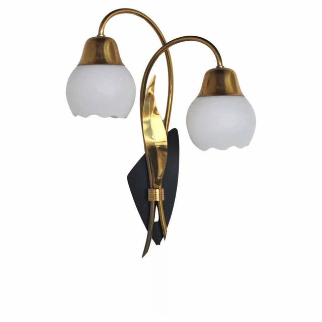 Scandinavian Organic 2-Arm Wall Light in Brass and Opaline, 1940s For Sale - Image 15 of 15
