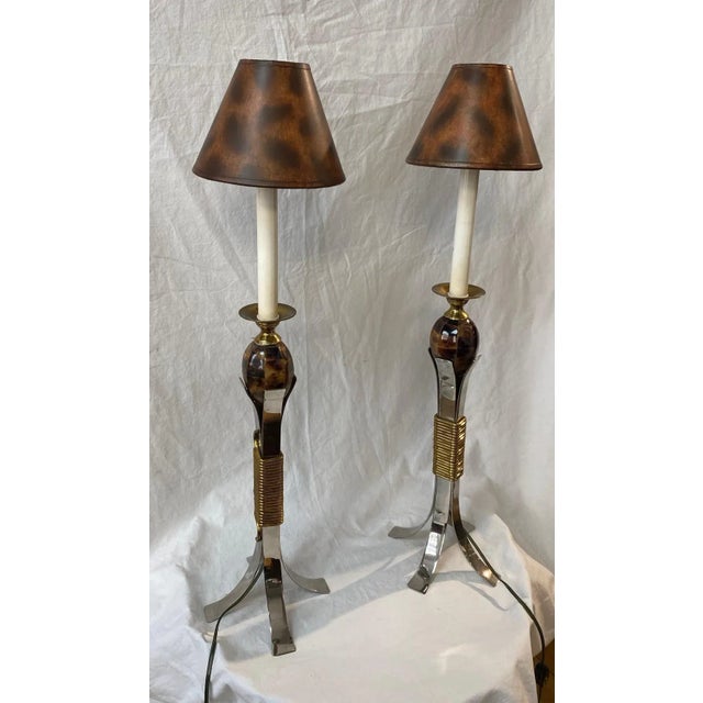 Maitland Smith Vintage Lamps Tortoise Shade Marble, Brass, and Steel Frame Set of 2. Made in Philippines