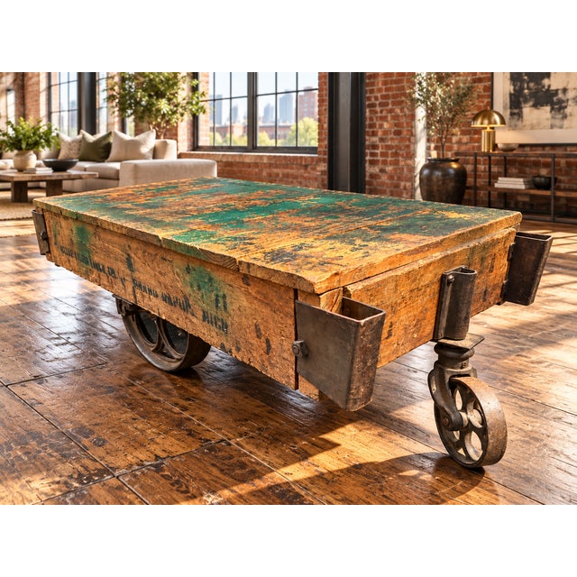 Early 20th Century Globe Vise & Truck Co. Industrial Original Patina Green Oak Factory Cart For Sale - Image 18 of 18