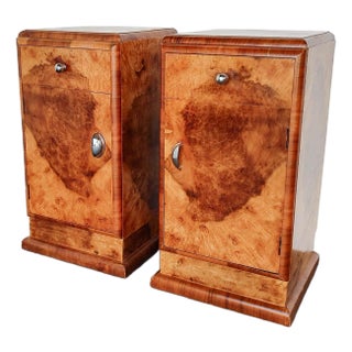 1940s Pair (2) Art Deco Burl + Chrome Cabinet Nightstands For Sale