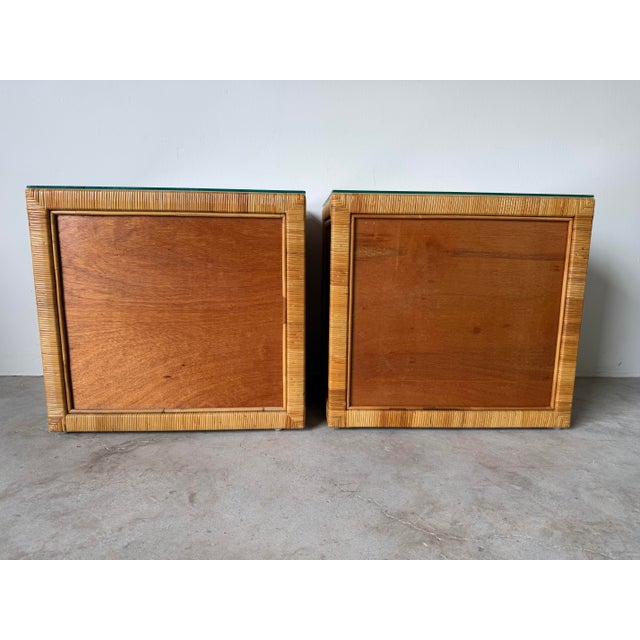 Vintage Coastal Palm Beach Rattan & Woven Cane Nightstands With Glass Tops — A Pair For Sale - Image 10 of 12