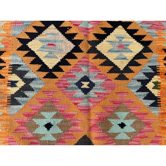Vintage Afghan Handwoven Colorful Kilim Rug, Geometric Tribal Flat-Weave Wool Rug For Sale - Image 10 of 11