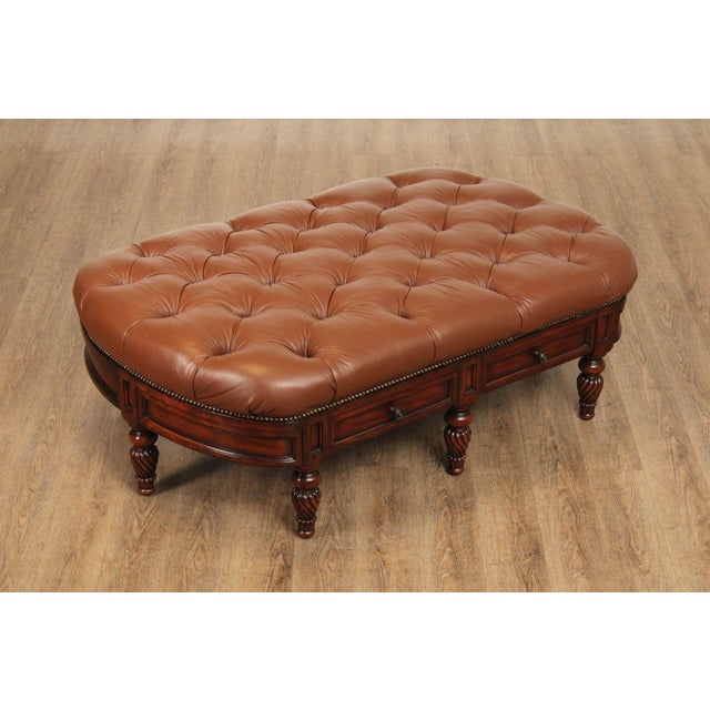 High Quality Leather Upholstered Storage Ottoman with Carved Mahogany Frame and Two Working Dovetailed Drawers, Two Faux...