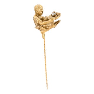 Antique 9k Gold & Diamond Figural Gold Panning Miner Stick Pin For Sale