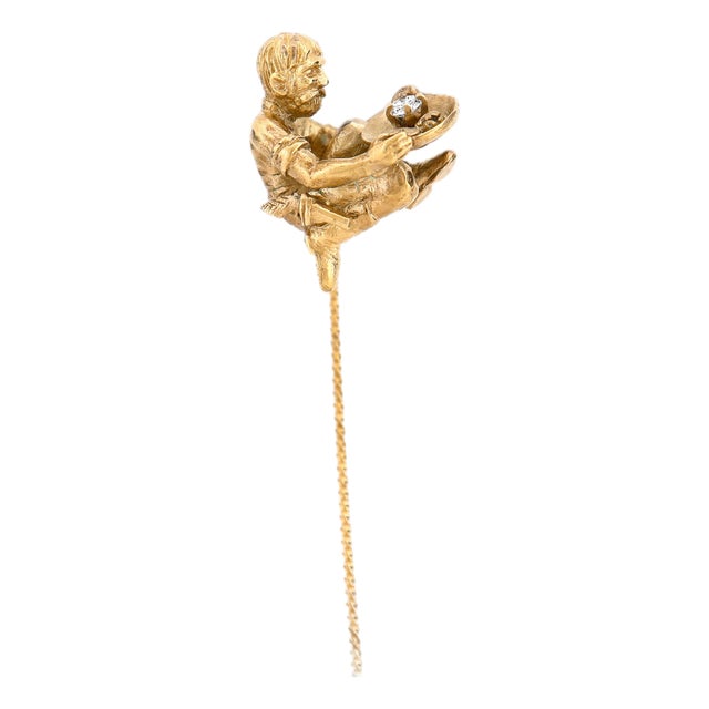 Antique 9k Gold & Diamond Figural Gold Panning Miner Stick Pin For Sale