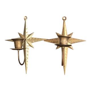 Vintage Brass Stars Candle Holders - a Pair For Sale
