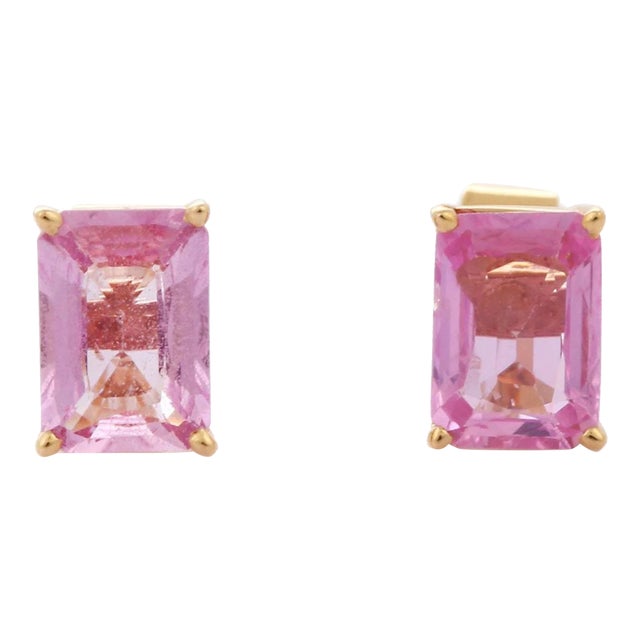 18k Yellow Gold Natural Pink Sapphire Stud Earrings - a Pair For Sale