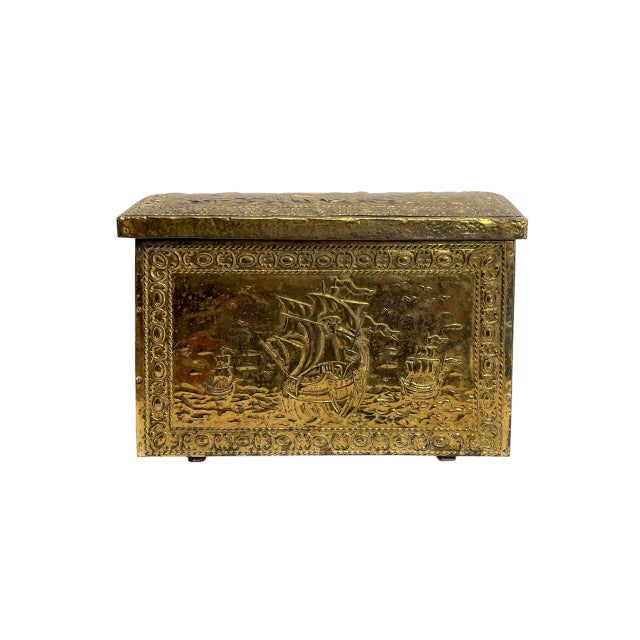 Ornament Embossed Brass Log Box with Nautical Scene, 1920s For Sale - Image 10 of 10