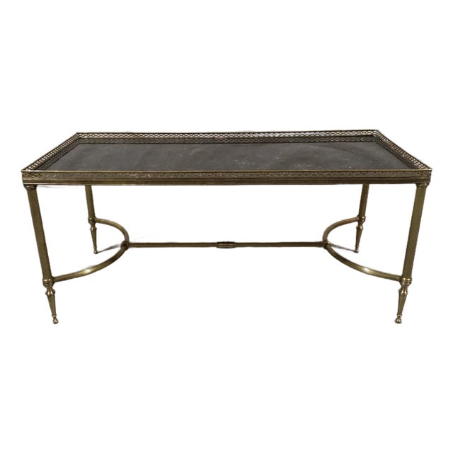 1940s French Louis XVI Style Brass & Marble Cocktail Table With Pierced Gallery For Sale