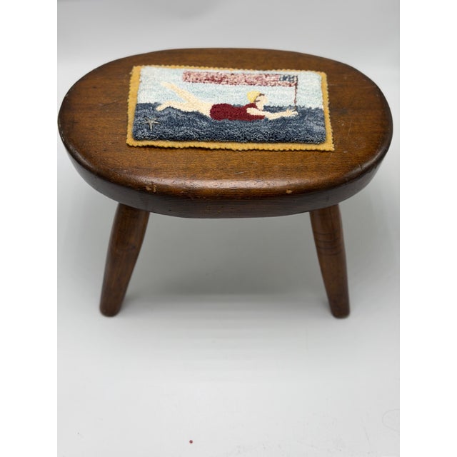 Antique Footstool With Hand Hooked Detailed Top For Sale In Charleston - Image 6 of 8