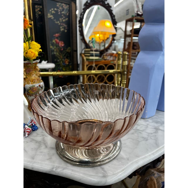 1970s Pink Depression Glass Bowl With Footed Silver Base For Sale - Image 4 of 7