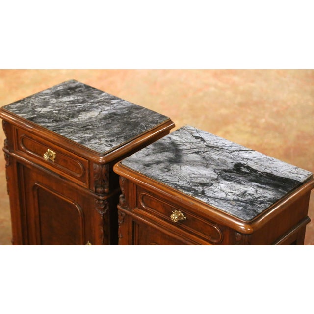 Pair of 19th Century French Louis XV Marble Top Carved Walnut Nightstands For Sale - Image 4 of 13