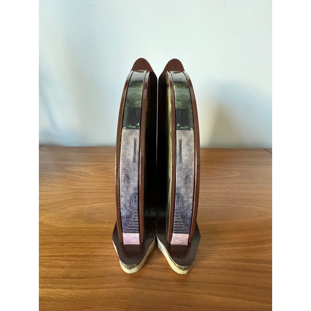 Wood Fornasetti Style Italian Trompe L’Oeil Architectural Bookends With Glass, Tuscan For Sale - Image 7 of 11