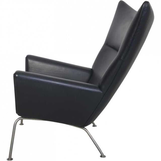 Vintage CH445 Wing Chair in Black Leather by Hans Wegner, 1990s For Sale - Image 9 of 11