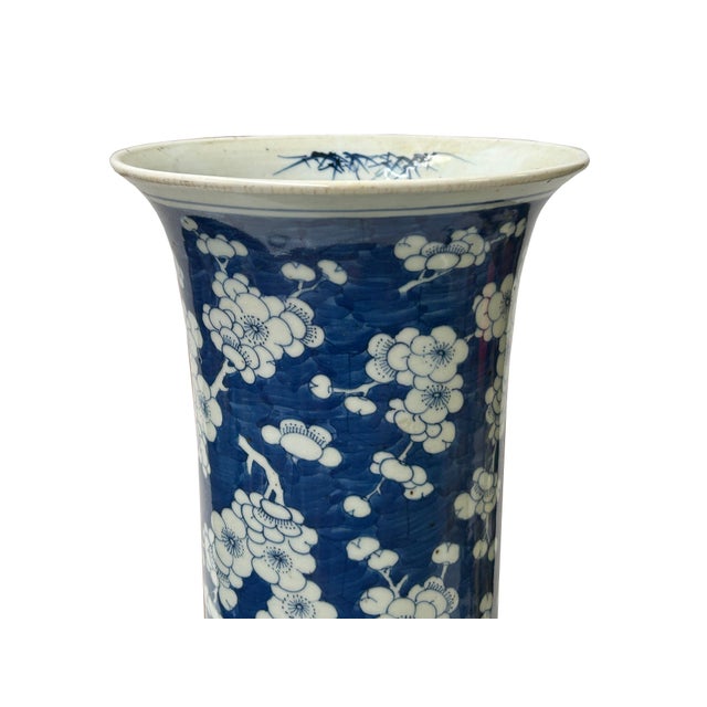 Chinese Vintage Chinese Blue White Blossom Wide Mouth Column Porcelain Vase For Sale - Image 3 of 9