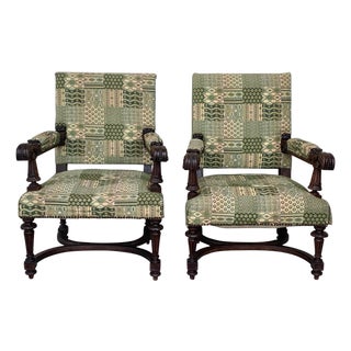 Louis XVI Style Spanish Pair of Carved Walnut Armchairs, 1900s For Sale