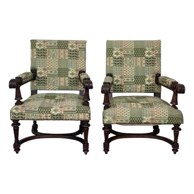 Louis XVI Style Spanish Pair of Carved Walnut Armchairs, 1900s For Sale