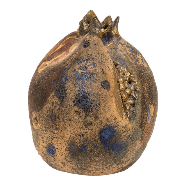 Modern Pomegranate Raku Ceramic Sculpture with Blue and Gold Glaze Signed For Sale